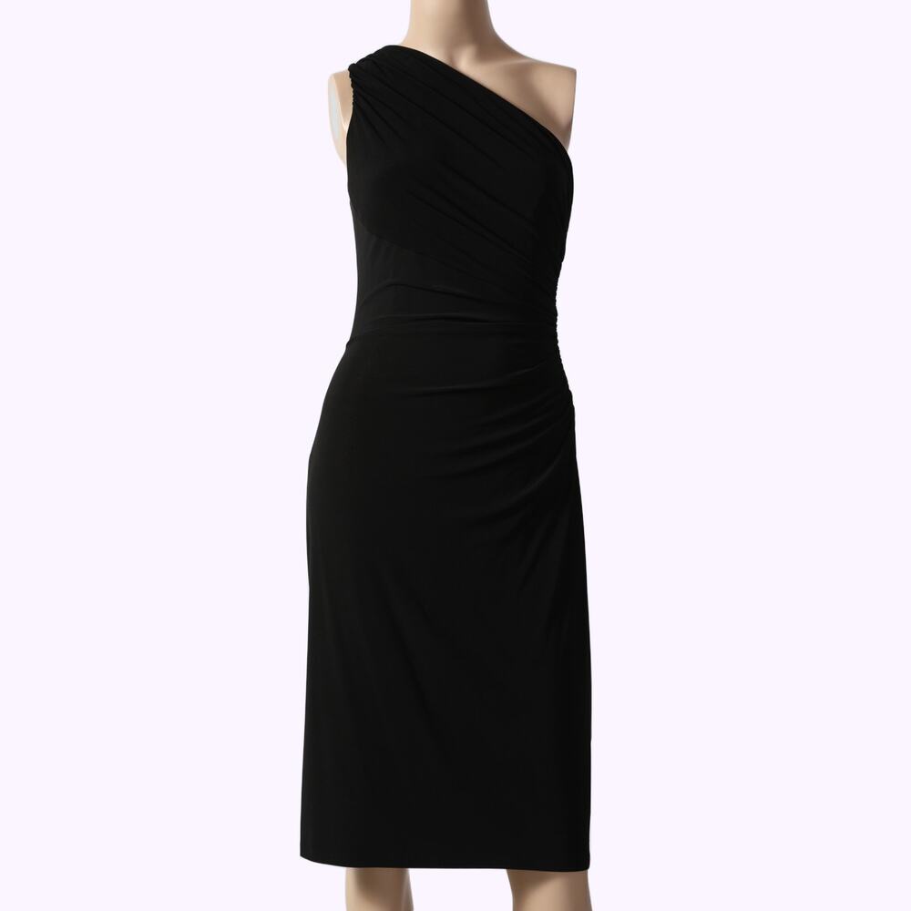 RALPH LAUREN Black One Shoulder Ruched Knee Length Dress